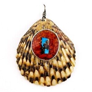 Vintage Shell Inlay Sterling Silver Enamel Pendant